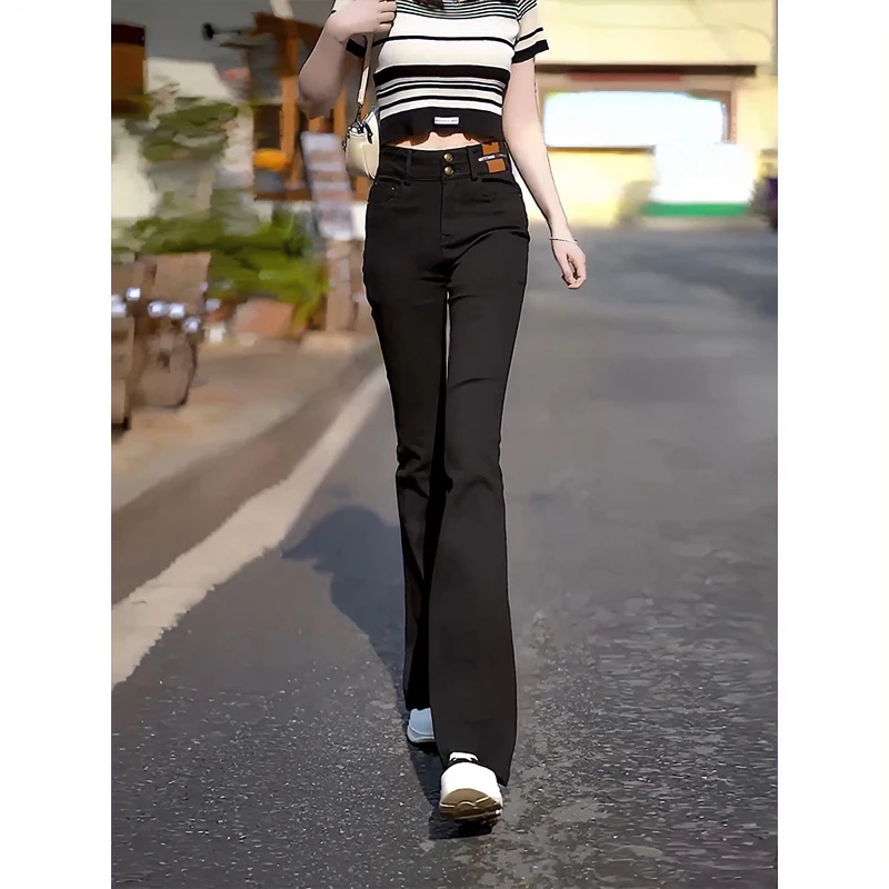 加绒牛仔马蹄裤女秋冬季2023新款高腰显瘦弹力修身百搭拖地微喇裤