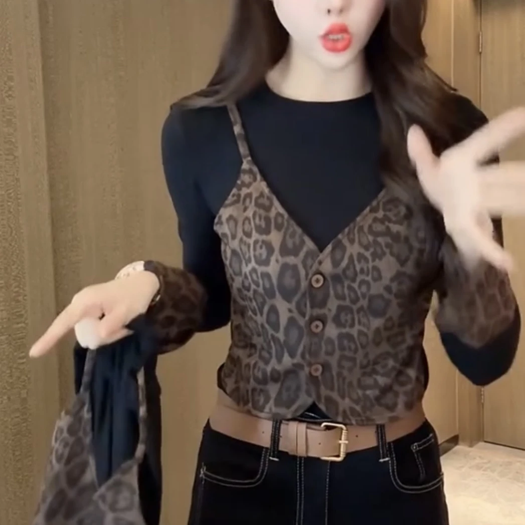 豹纹拼接假两件上衣