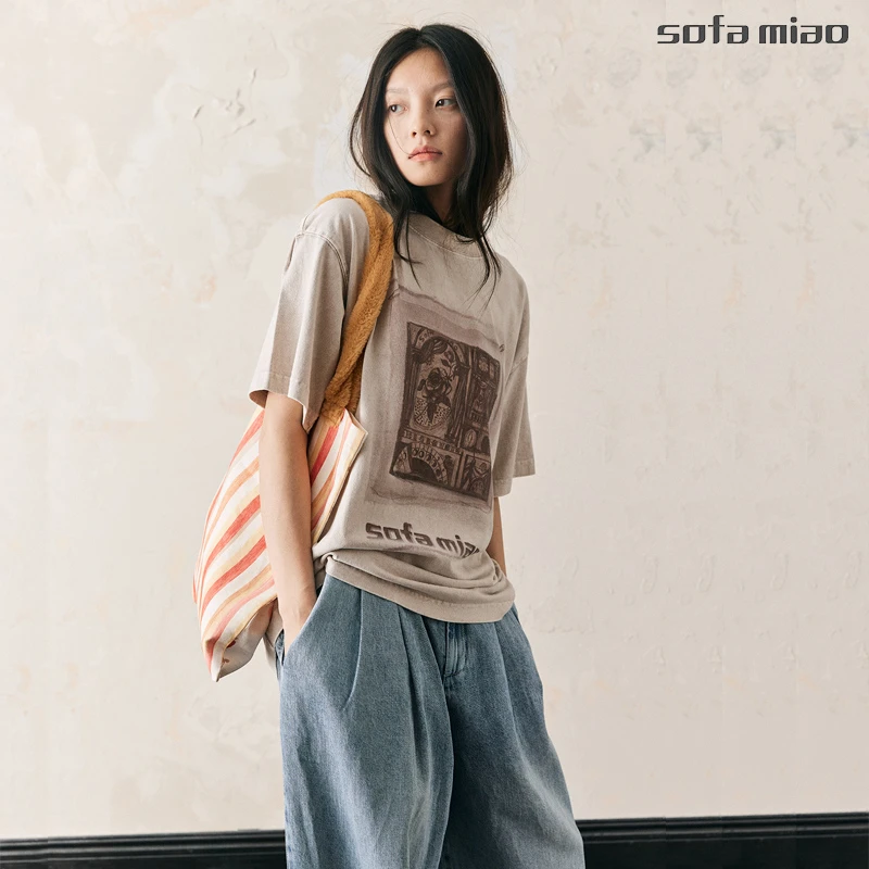 sofamiao设计师品牌24夏新品手绘山茶花复古圆领短袖纯棉T恤上衣