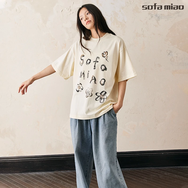 sofamiao设计师品牌24夏新品手绘字母T恤松弛感男女同款纯棉短袖