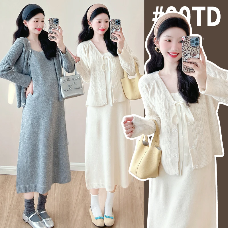 【KIKI严选】孕妇装连衣裙秋冬蝴蝶结开衫孕妇套装上衣吊带裙两件套