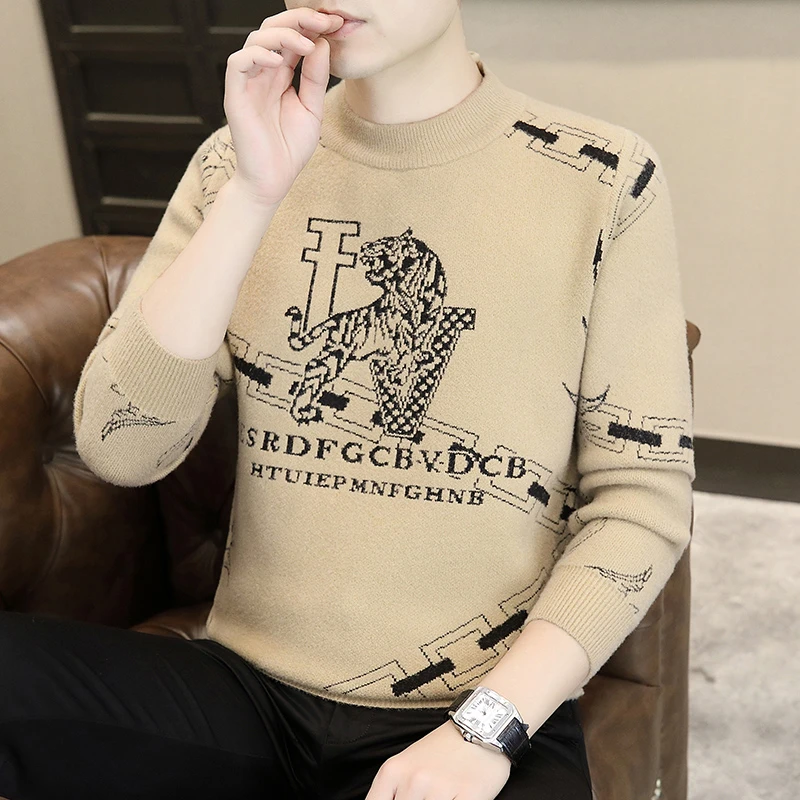 高档半高领提花毛衣男士秋冬新款时尚保暖品质男装内搭打底针织衫