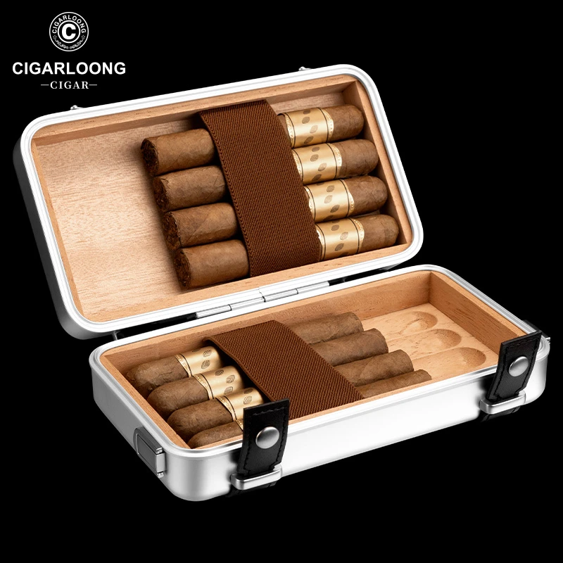 茄龙雪茄盒便携式保湿盒雪松木内衬随身斜跨轻薄铝制烟盒CA-24K1