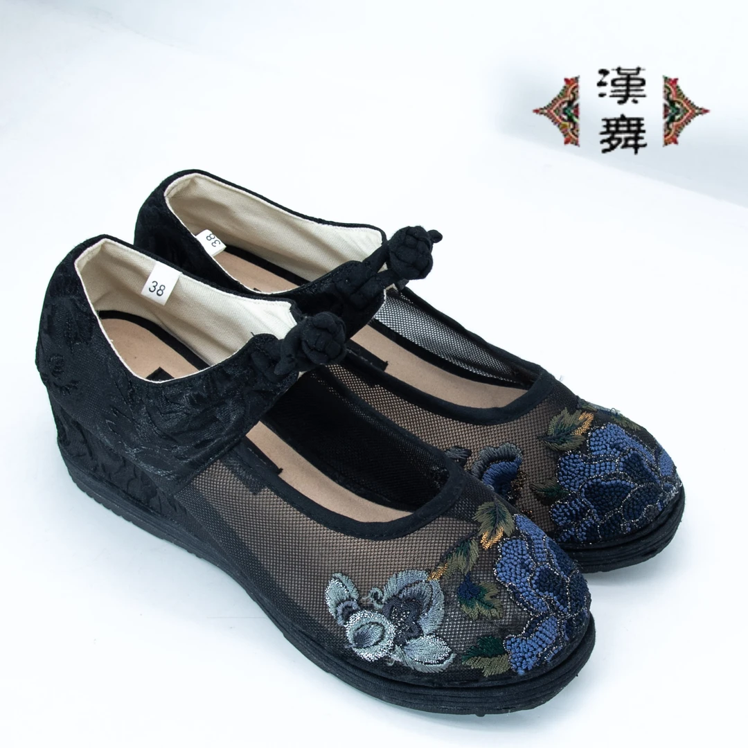 【国色】中国风千层底布鞋圆头刺绣女单鞋外坡跟网纱女鞋
