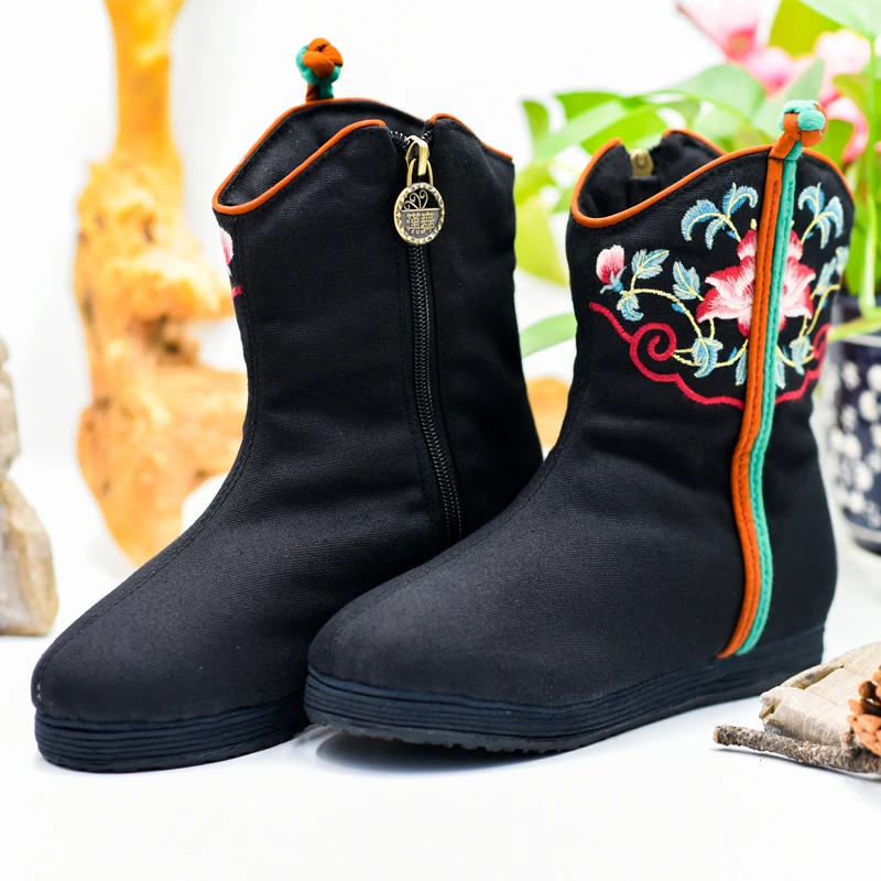 【天香】汉舞民族风中筒加绒平底棉靴侧拉链中筒女靴