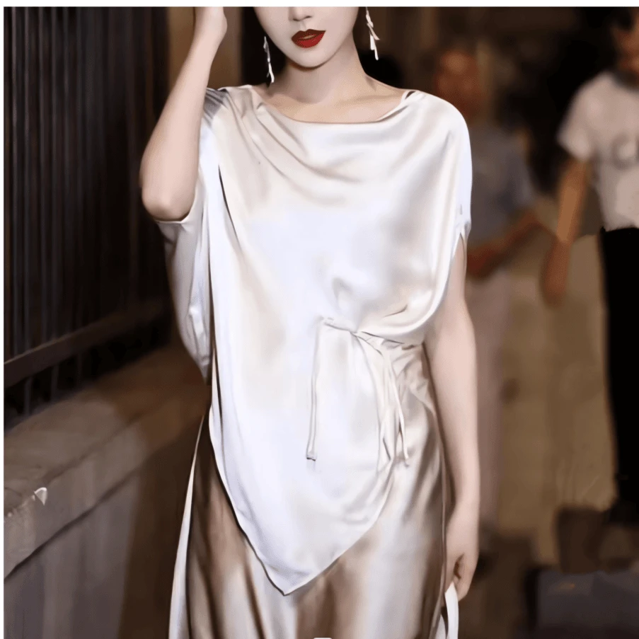 2025新款三醋酸不规则T恤宽松时尚气质高级显瘦气质上衣