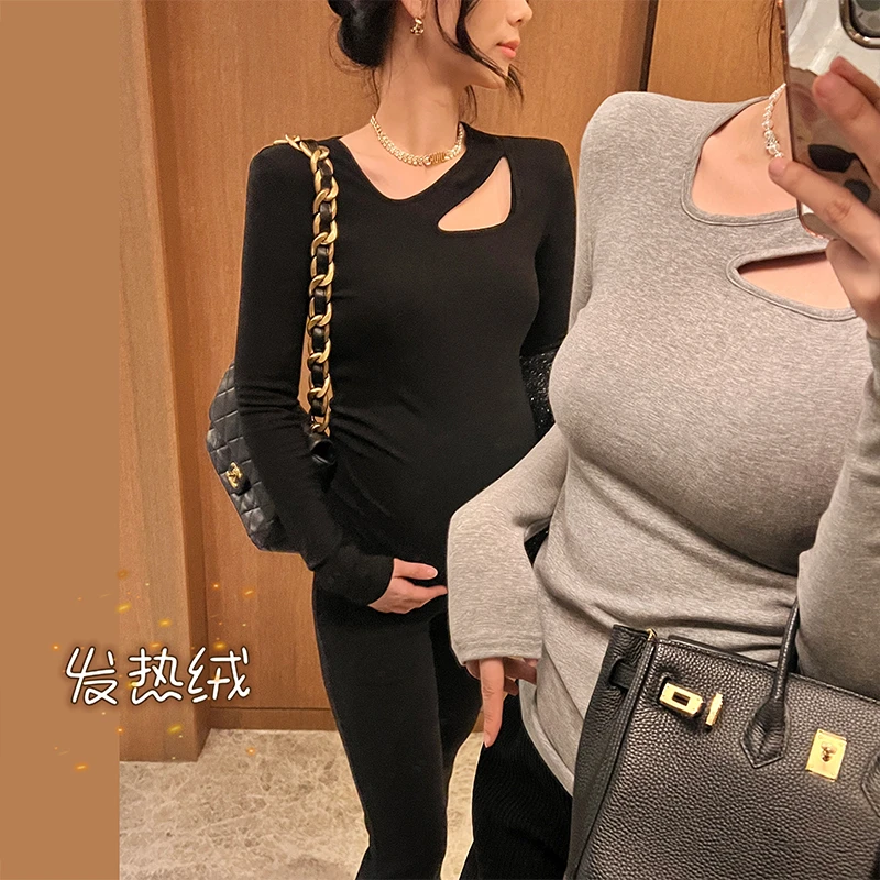 孕妇装发热绒镂空设计感长袖上衣女秋冬新款孕妇保暖打底衫3611