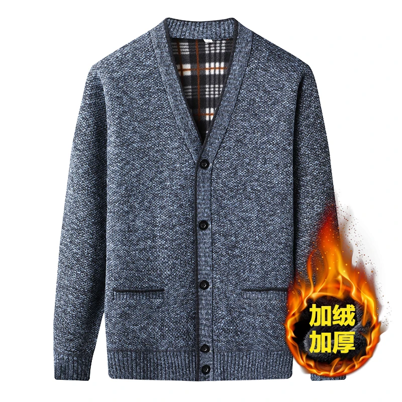 秋冬中老年男士针织开衫中年爸爸宽松加绒加厚外穿毛衣老年人外套