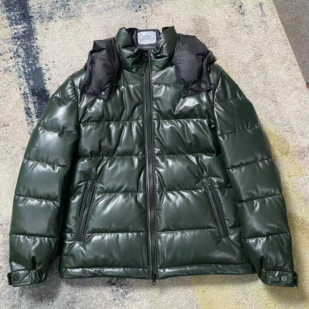 2024绿色羊皮男士加绒皮衣外套加厚绒羽绒服经典休闲连帽可脱卸