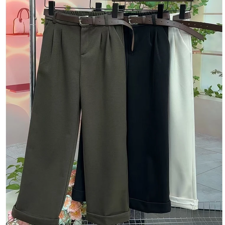 秋冬新款卷边毛呢窄版阔腿裤百搭高腰九分直筒裤子