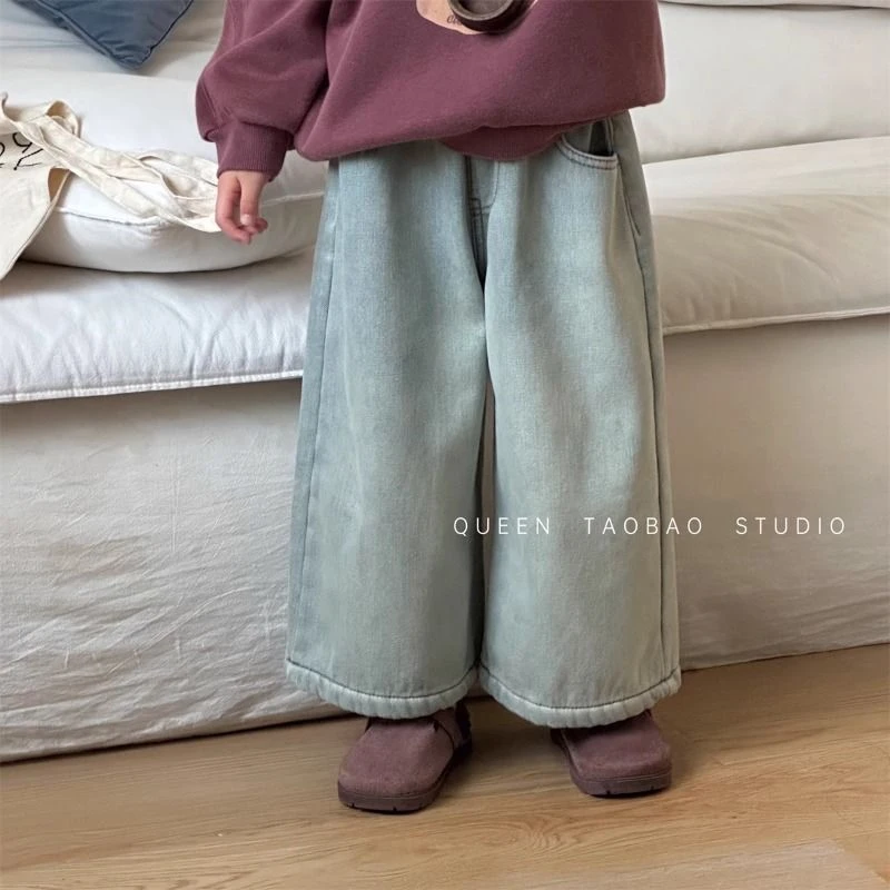 儿童裤子韩版女童加绒牛仔直筒裤2024冬季新品宝宝洋气厚实牛仔裤