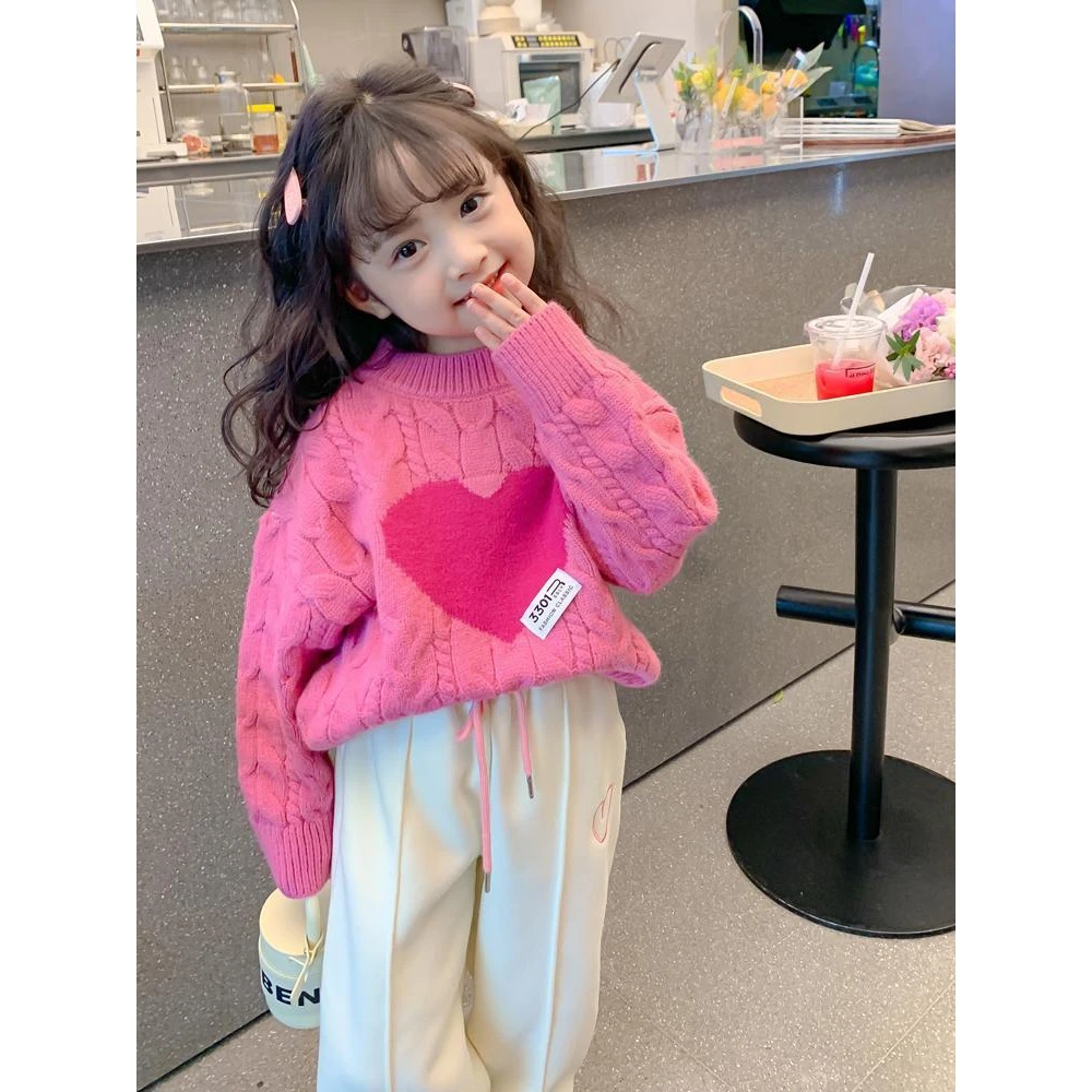 女童套头毛衣2023新款春秋韩系童装洋气小女孩爱心上衣儿童针织衫