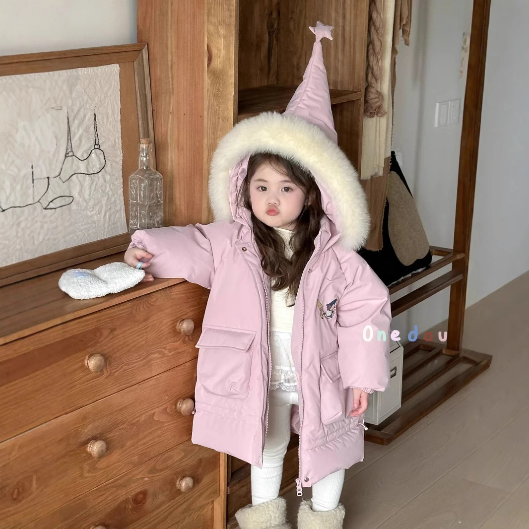 2024韩版冬款大毛领尖尖帽棉服中长款精灵帽大口袋女童外套棉袄