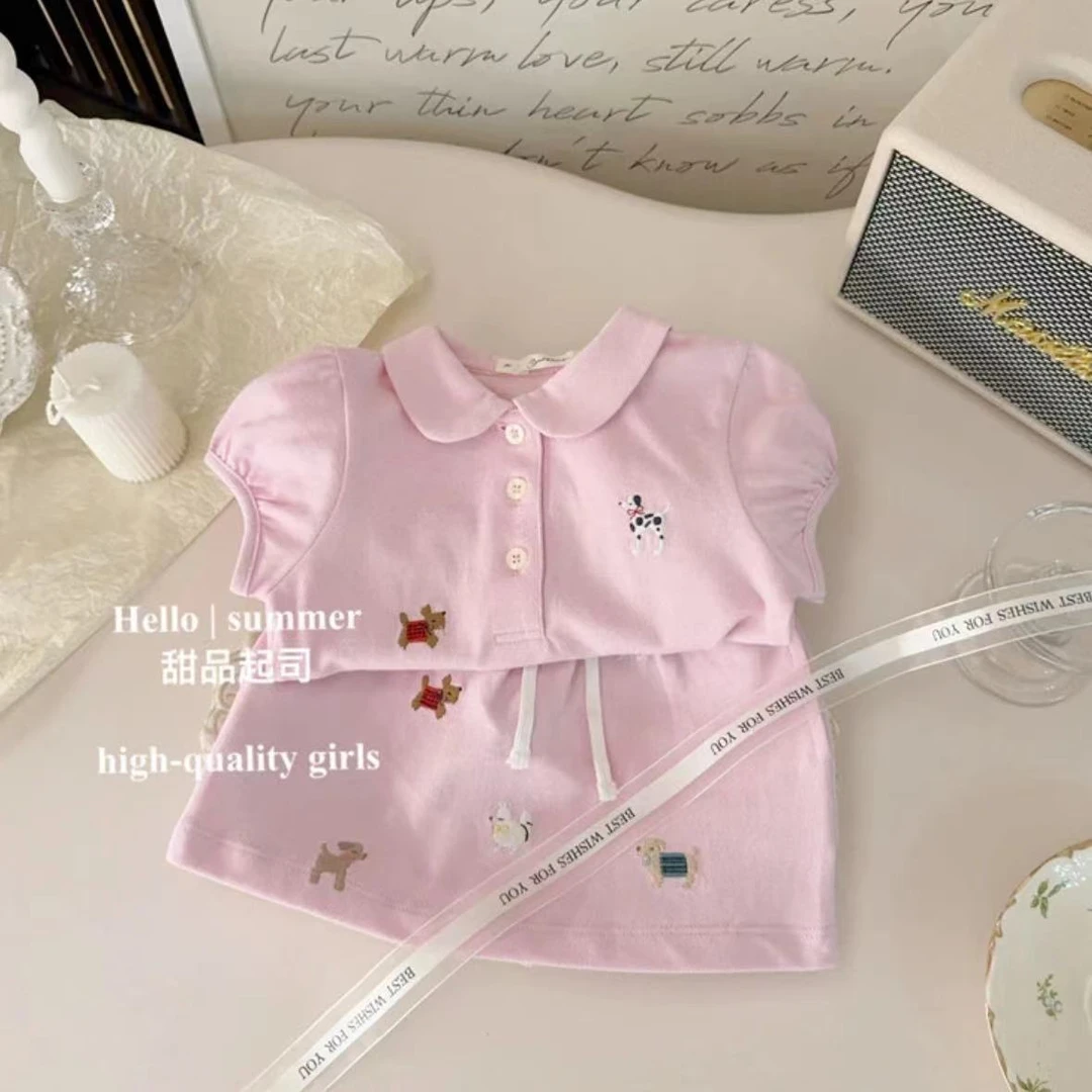 重工贴布刺绣狗狗女宝宝POLO衫短袖学院风短裙套装夏季百搭洋气