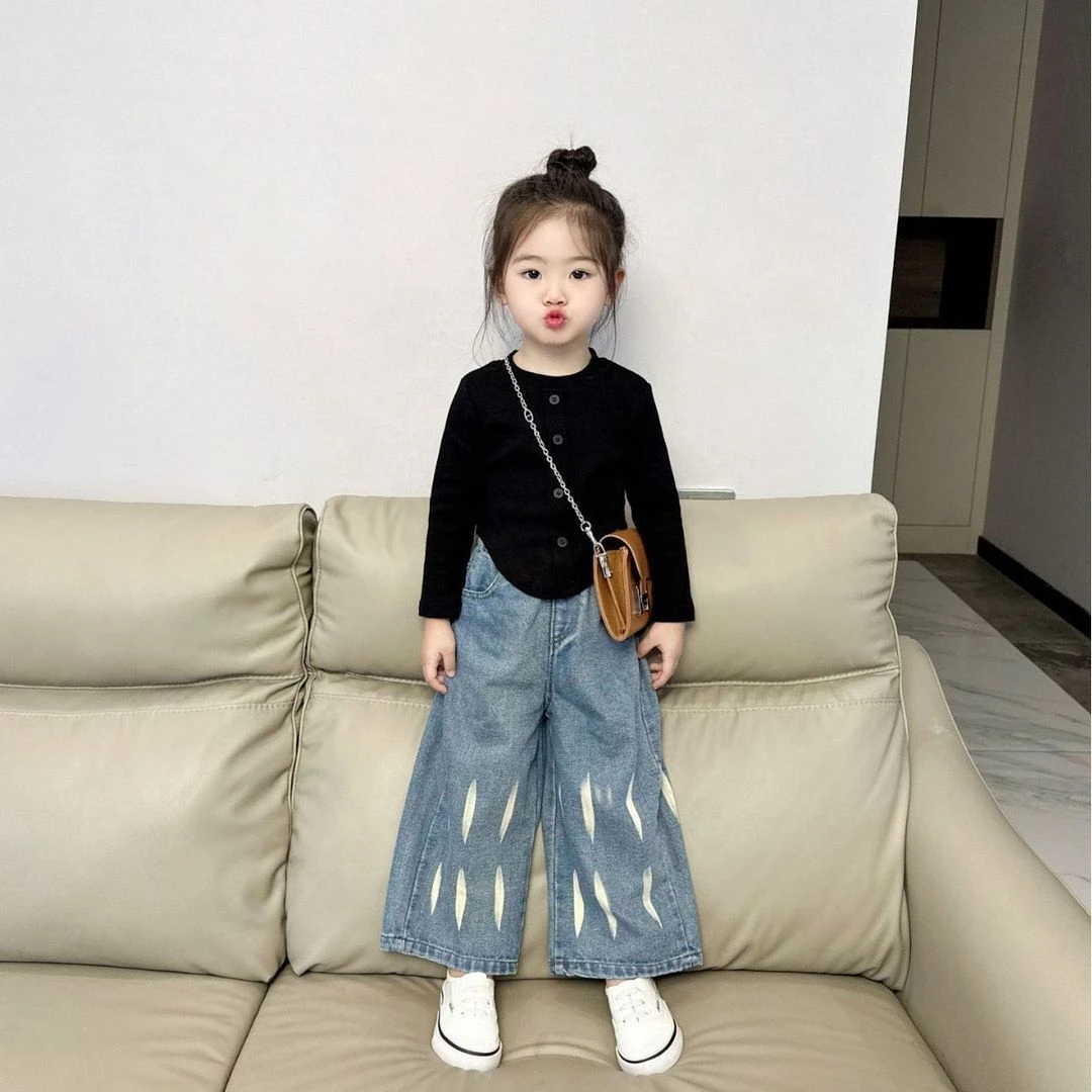 女童春秋季长袖T恤套装韩版纯色百搭修身打底衫牛仔阔腿裤两件套