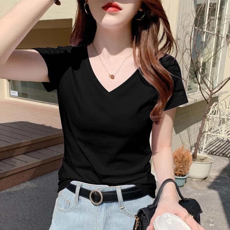 v领t恤女黑色短袖2025年夏季新款修身显瘦半袖体恤打底衫上衣