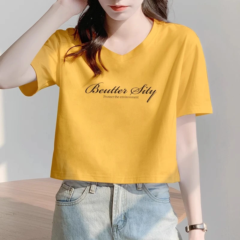 短款v领t恤女2025新款夏季百搭高腰露脐宽松短袖小个子体恤衫