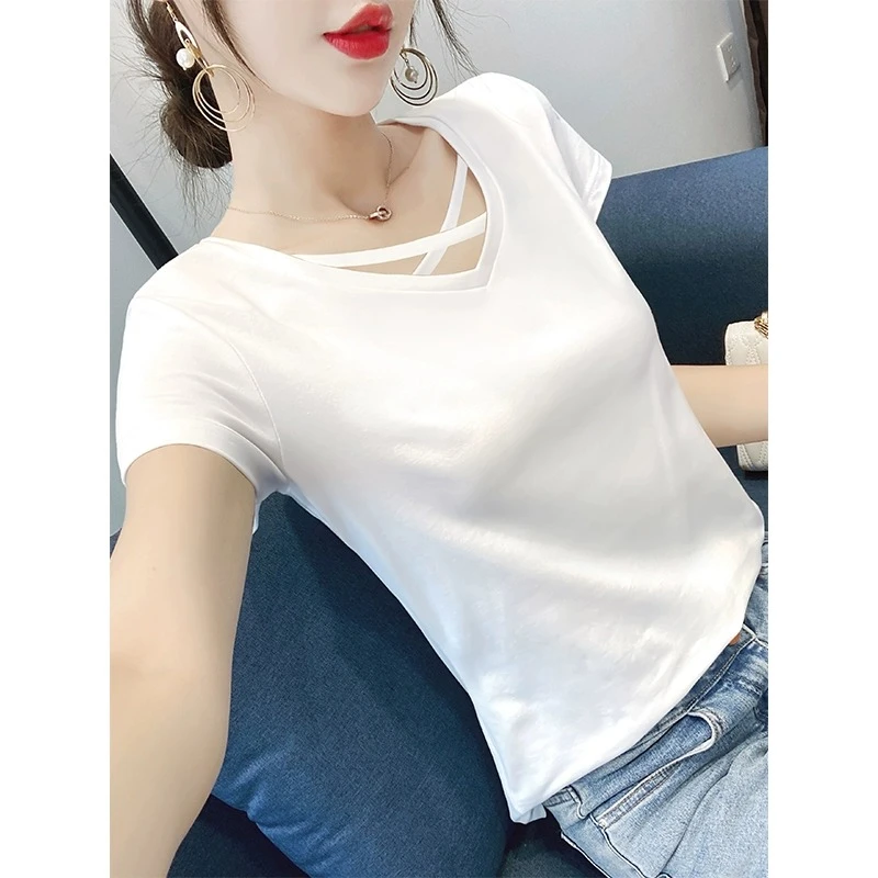 夏季白色t恤女短袖v领交叉修身棉打底衫2025年新款百搭半袖上衣