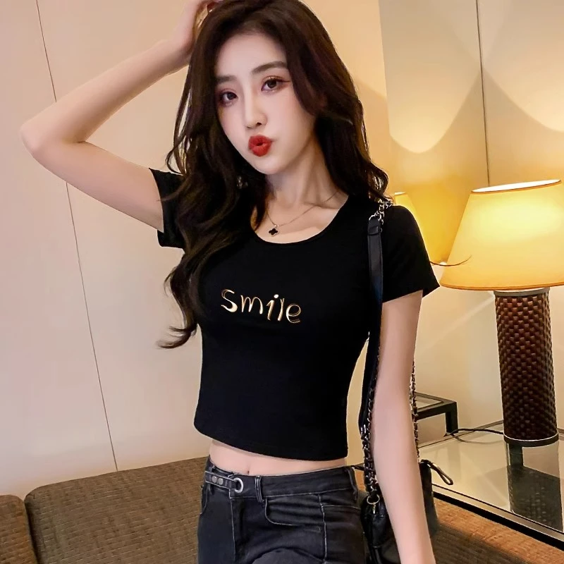 露脐短袖t恤女2025年新款黑色肚脐紧身高腰打底衫短款上衣夏内搭