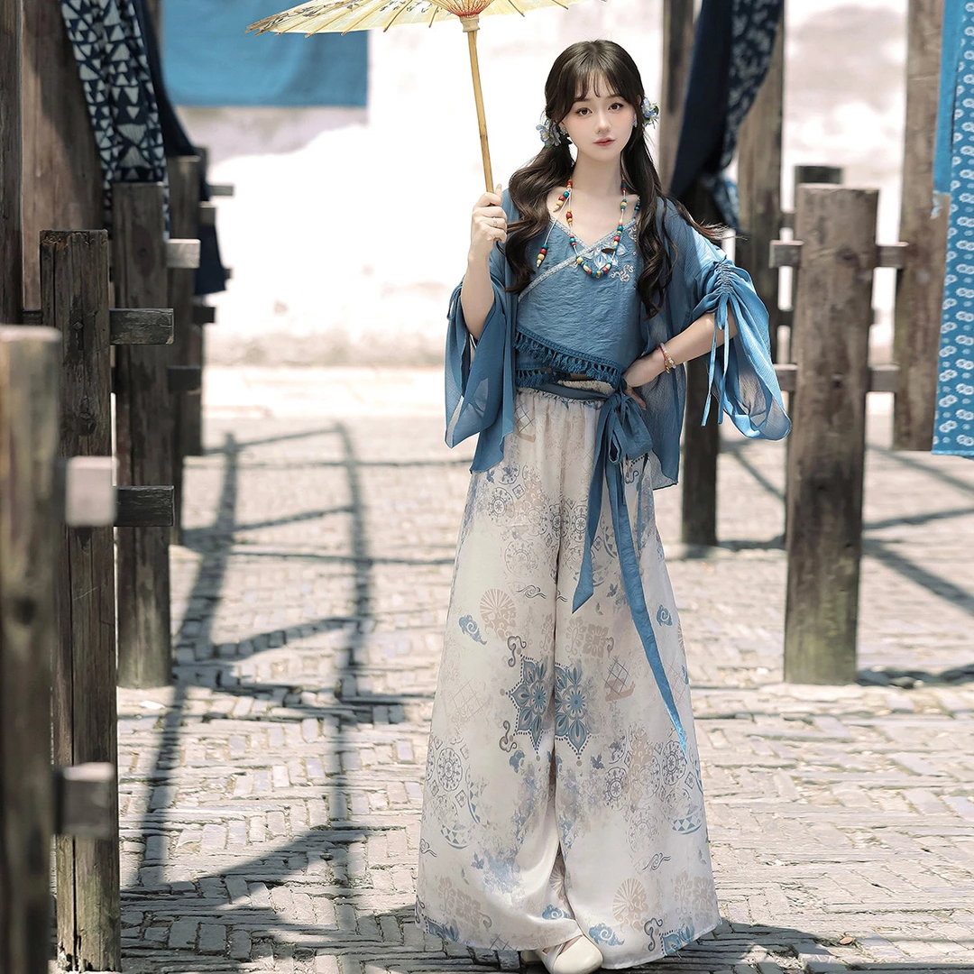 锦慕汉服/浅山藏 新中式国风日常汉元素上衣吊带阔腿裤套装民族风