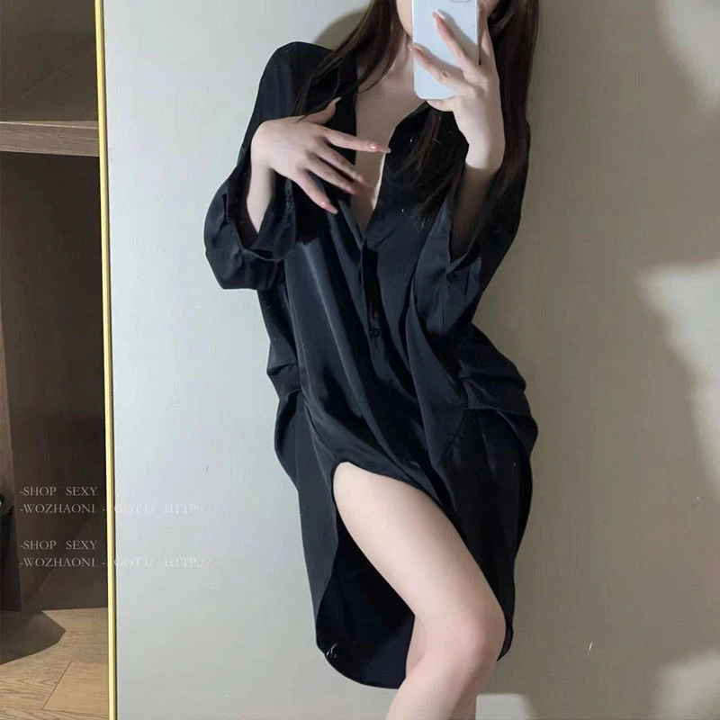 春夏薄款性感女睡衣男友衬衫大码冰丝黑色长款诱惑显瘦高级感睡裙