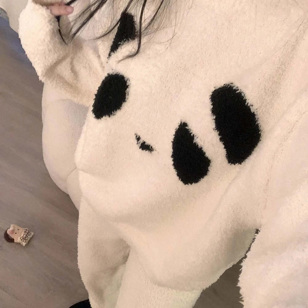白色熊猫半边绒睡衣女款冬季2024新款珊瑚绒加厚家居服套装秋冬天