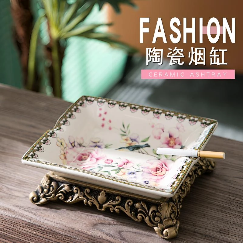 喜上眉梢客厅茶几烟灰缸美式乡村手绘花鸟陶瓷雪茄烟缸装饰直播
