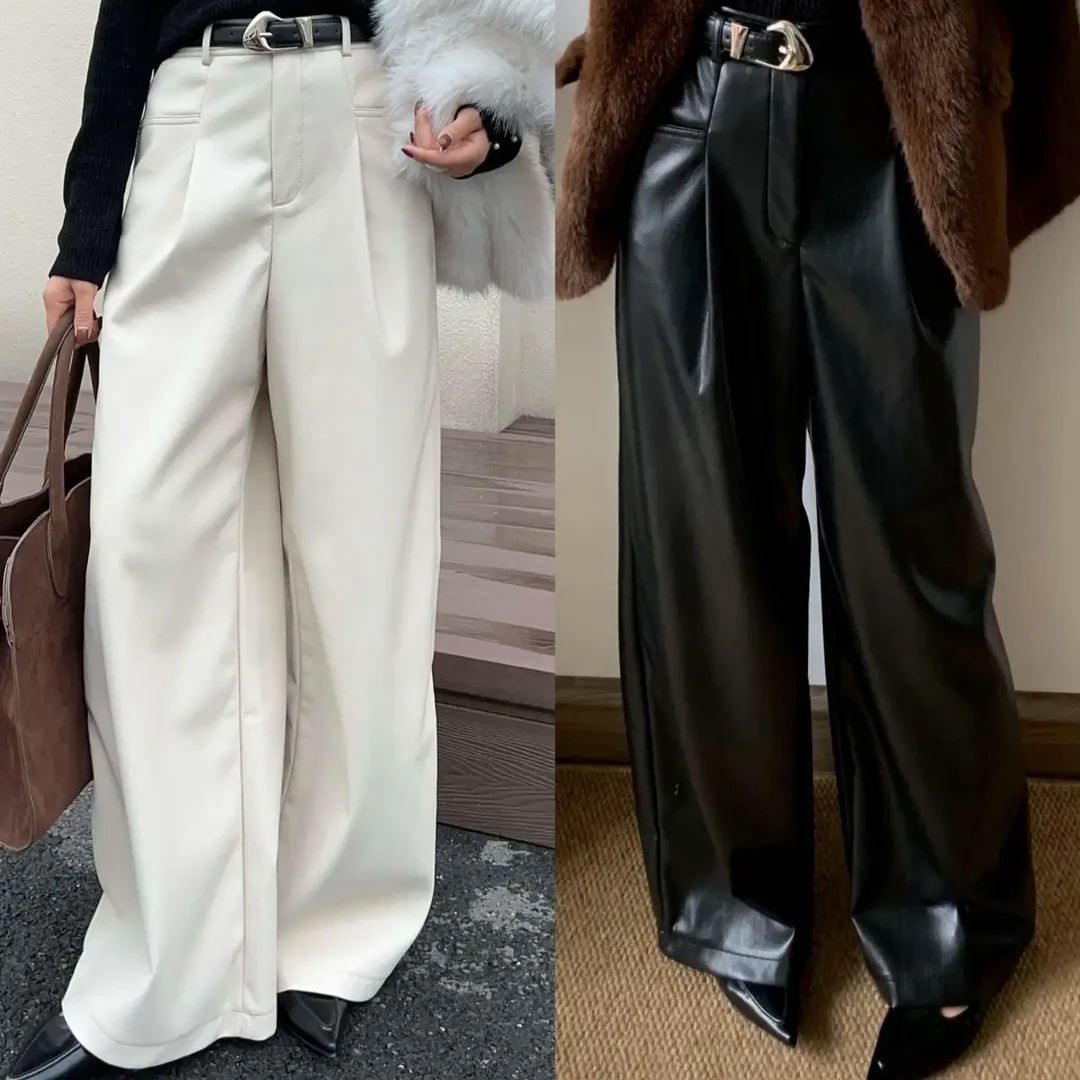 秋冬ins复古通勤高腰蛋白皮皮裤显瘦阔腿裤垂感休闲拖地长裤女
