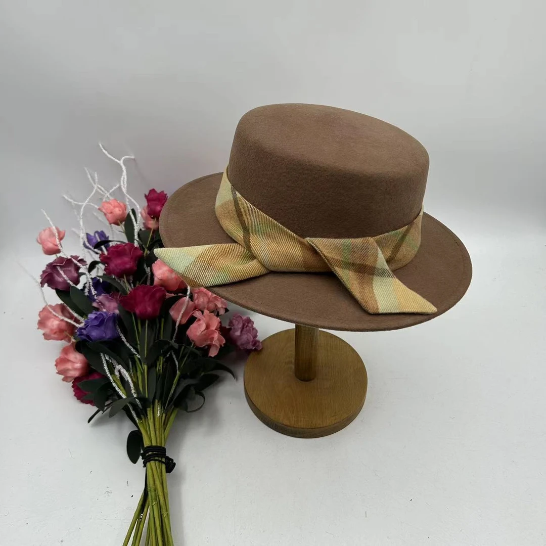 秋冬复古时尚百搭羊毛平顶平沿帽