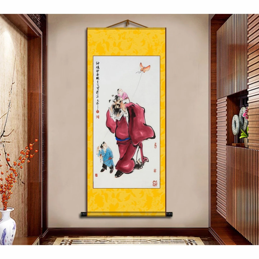 【老师推荐】正品钟馗护子挂画国画玄关卧室手工实木升级卷轴挂画