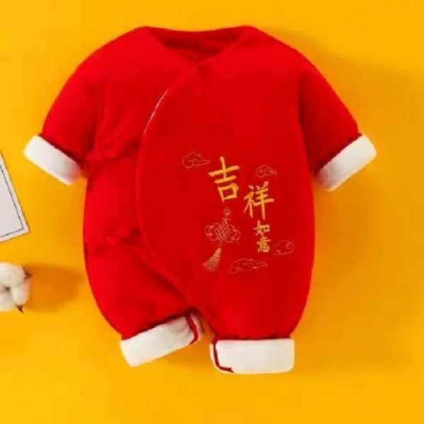 新生婴儿棉花红色满月百天刺绣长袖蝴蝶连体衣春秋冬国风纯棉喜庆