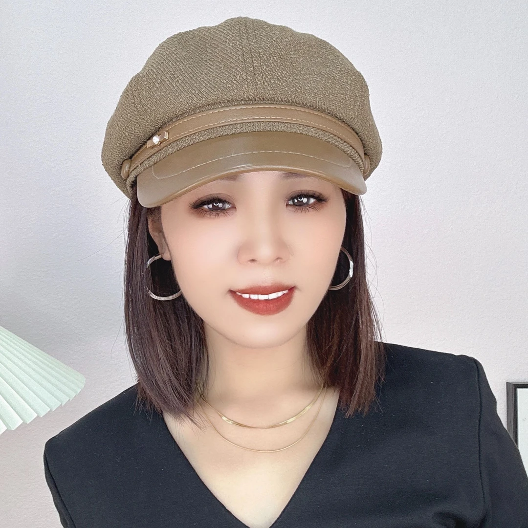秋冬季新款拼接皮檐八角帽子女出游百搭显脸小时尚大头围潮帽
