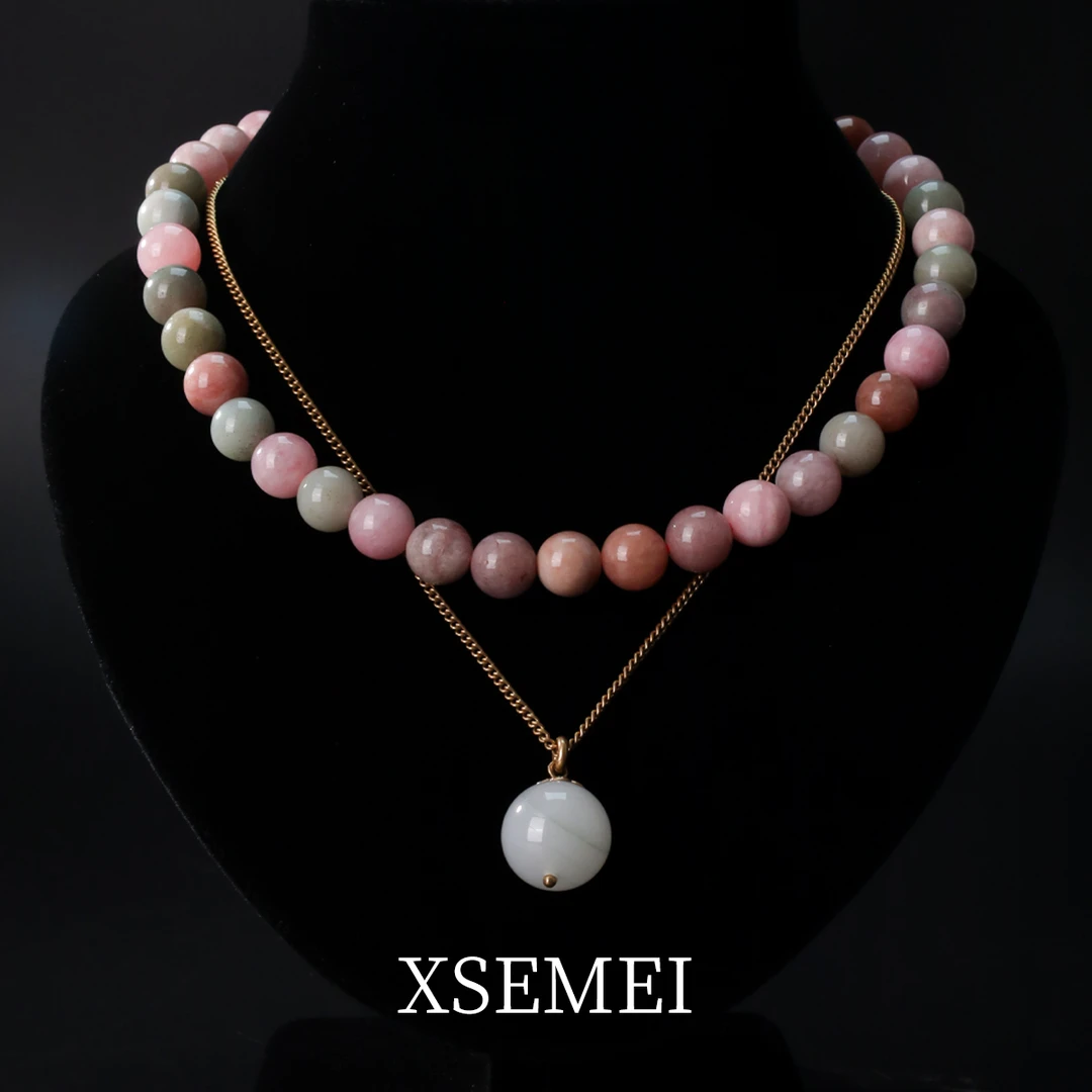 铜合金项链 复古温柔豆沙粉珠珠颈链锁骨项链天山翠吊坠小众