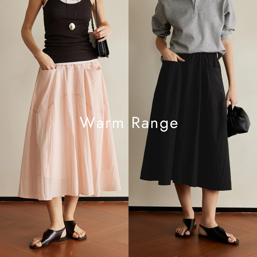 Warm Range 皱感轻薄一字袋A字伞裙 松紧腰头户外工装口袋半身裙