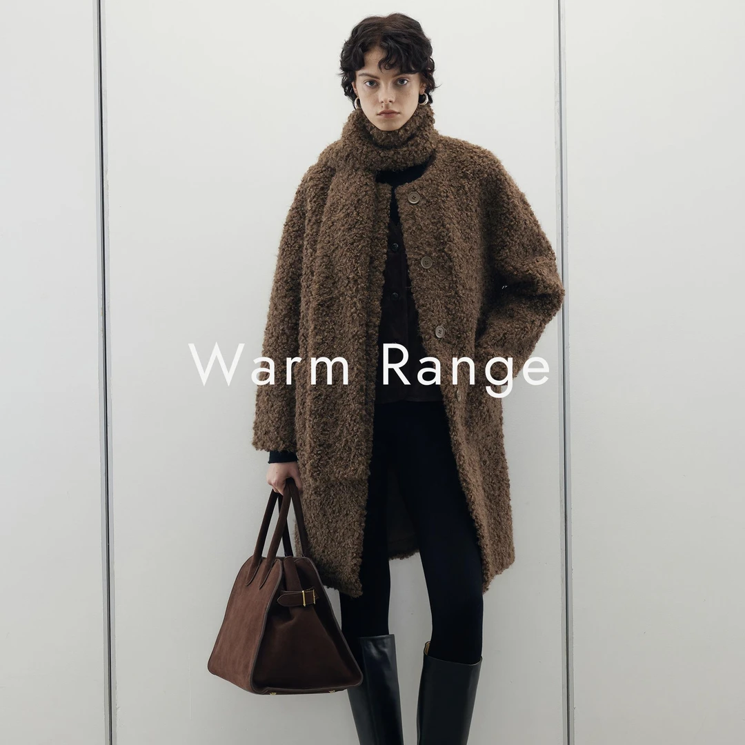 Warm Range 慵懒风仿羊驼圈圈毛围巾大衣中长款圆领休闲外套女