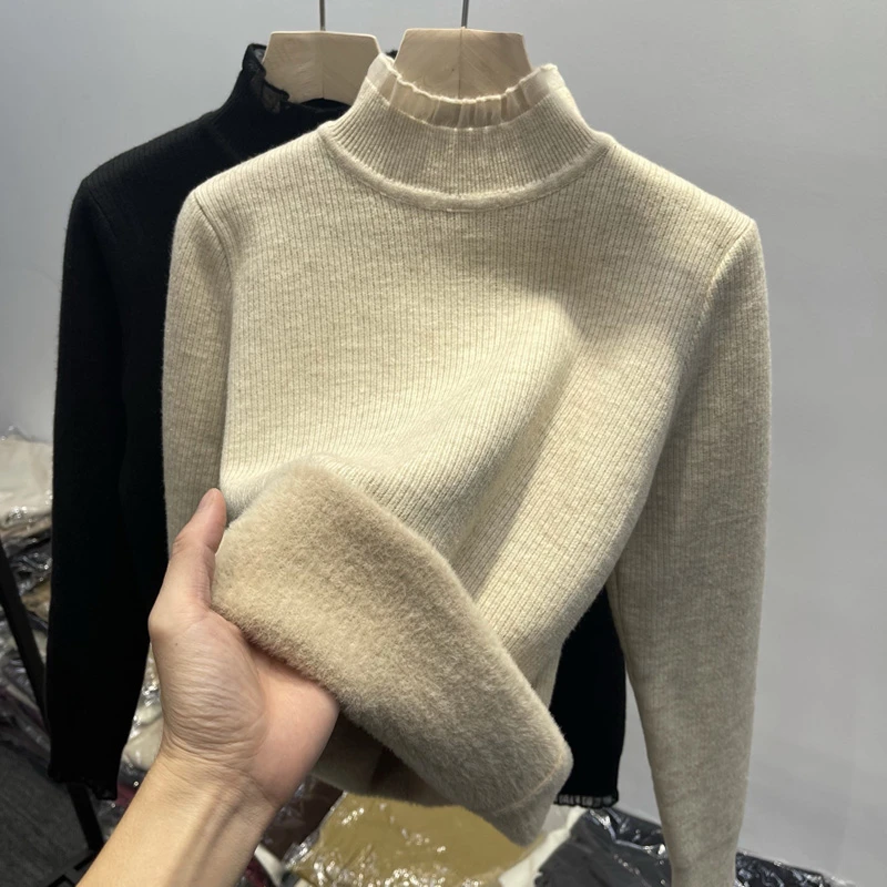 半高领加绒加厚毛衣女2024秋冬新款蕾丝边一体绒针织衫洋气打底衫