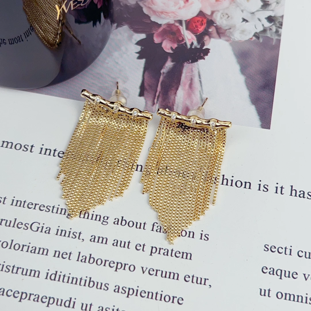 铜合金耳饰 高级感前后戴竹节瀑布流苏耳坠