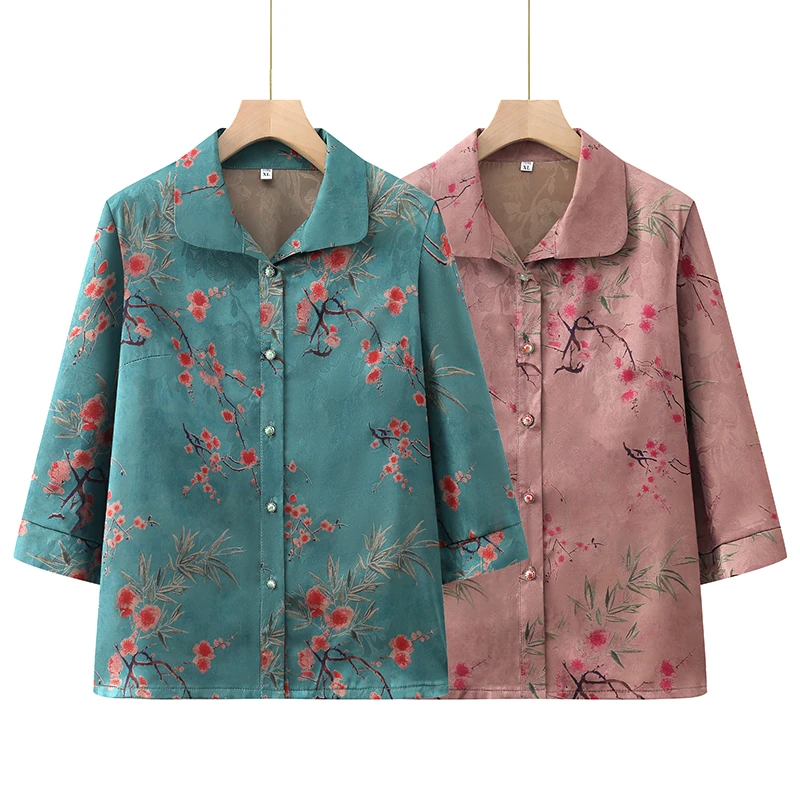 中老年人妈妈夏季七分袖2024新款奶奶衬衫老人老太太夏装女两件套