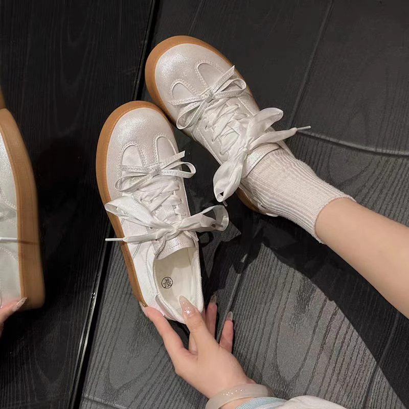 【米色复古蝴蝶结德训鞋】新款休闲百搭低帮板鞋6508