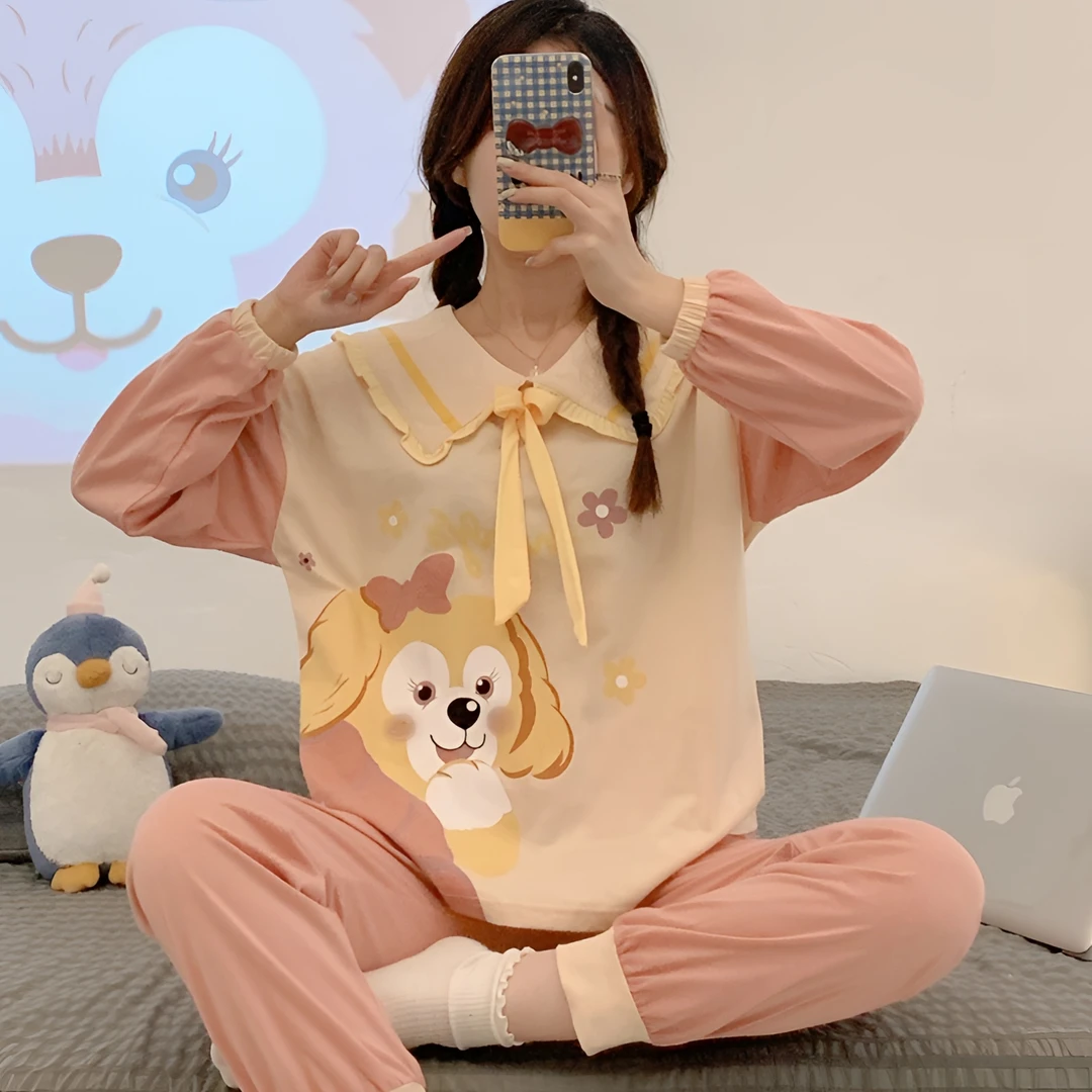 2024春秋款睡衣女可爱卡通翻领套头家居服女套装可外穿女学生睡衣