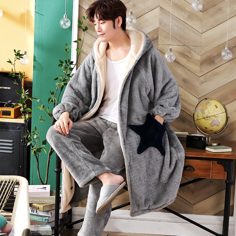 男士睡衣秋冬款睡袍加厚加绒珊瑚绒韩版青少年学生冬天保暖家居服