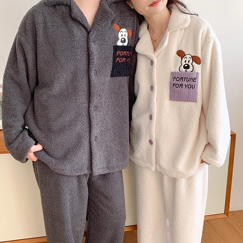 半边绒情侣睡衣女秋冬季加绒加厚新款男士休闲家居服情侣保暖套装