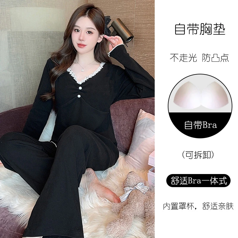 秋冬季可拆卸胸垫德绒睡衣女加厚保暖长袖套装V领可外穿家居服女