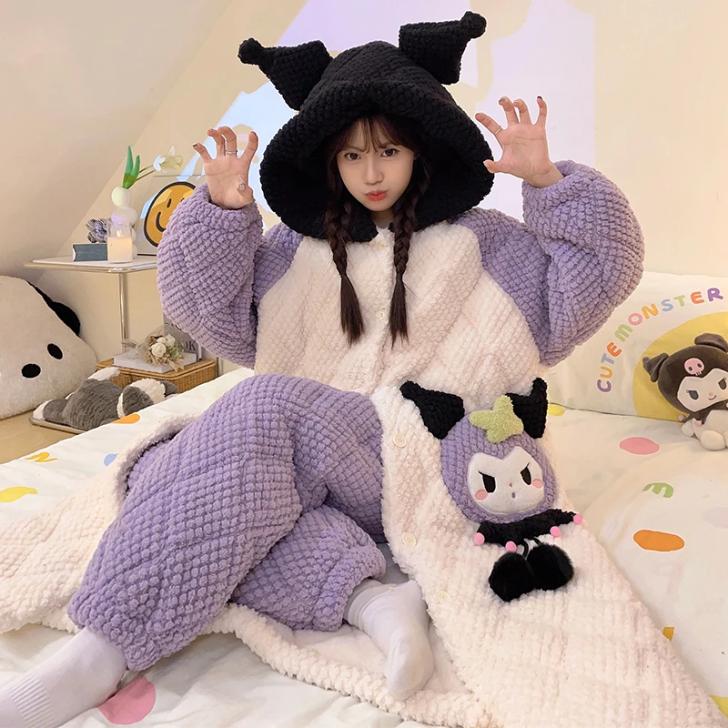 睡衣女生冬季加厚三层夹棉珊瑚绒卡通加绒长款睡袍保暖家居服套装