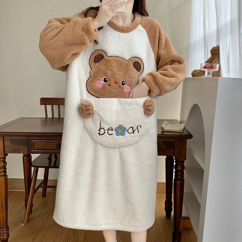 秋冬季珊瑚绒睡裙女长款2024年新款加厚加绒大码休闲睡衣女家居服