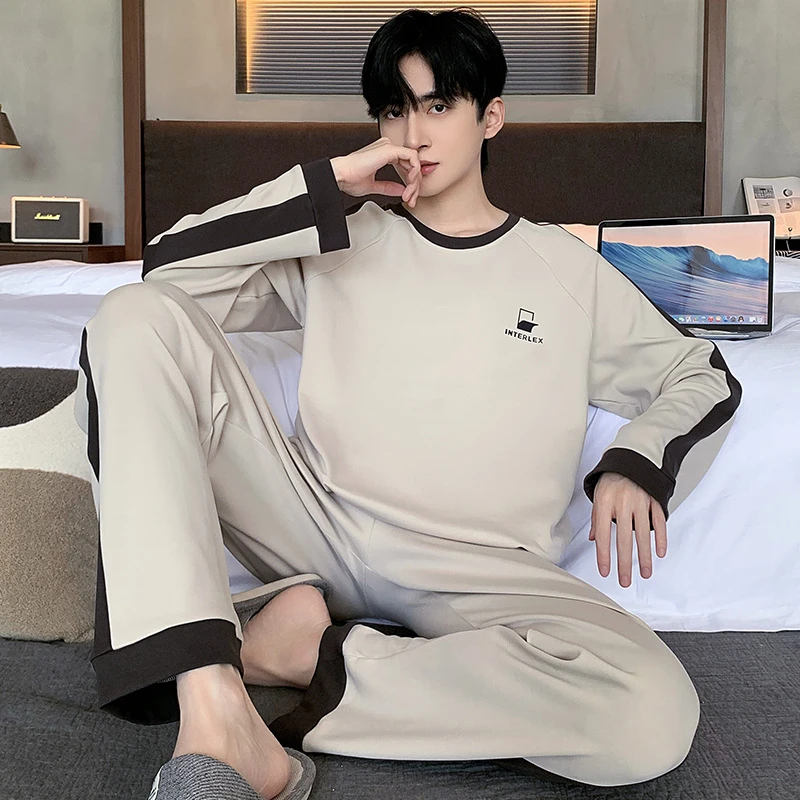 春秋季新款睡衣男套装简约长袖套头休闲宽松韩版男士家居服可外穿