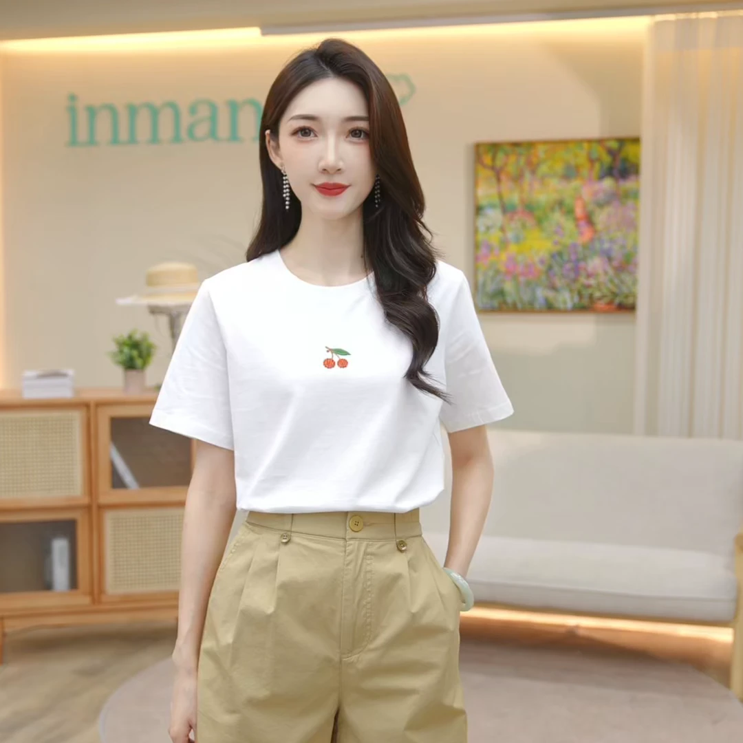 T恤茵曼百搭休闲舒适圆领刺绣女白色显瘦宽松纯色情侣款上衣