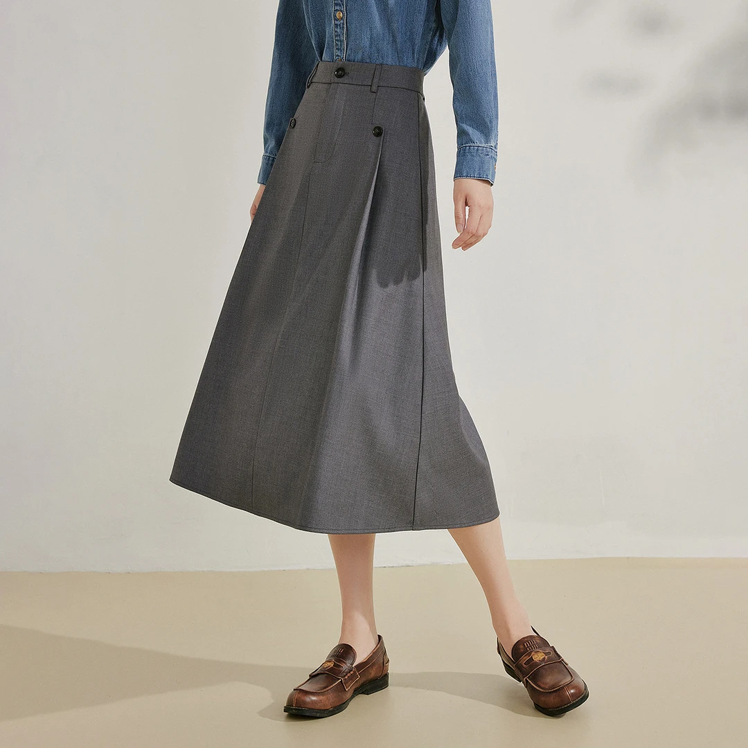 【雅丹风】茵曼秋季极简风纽扣设计压褶半身裙女通勤百搭中长a字裙