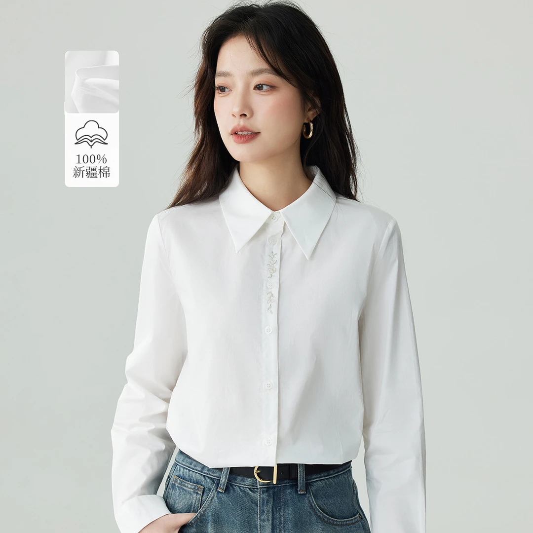 【年终狂欢季】茵曼早春通勤简约尖领刺绣衬衫法式百搭长袖纯棉衬衣