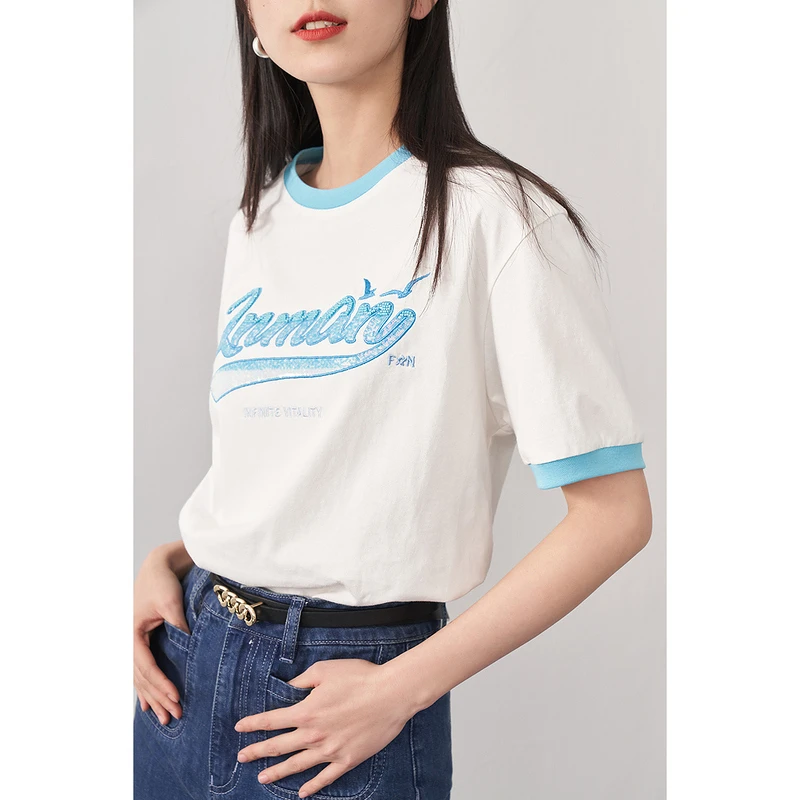 茵曼亮片钉珠字母T恤女士2023夏季新款时尚宽松纯棉上衣